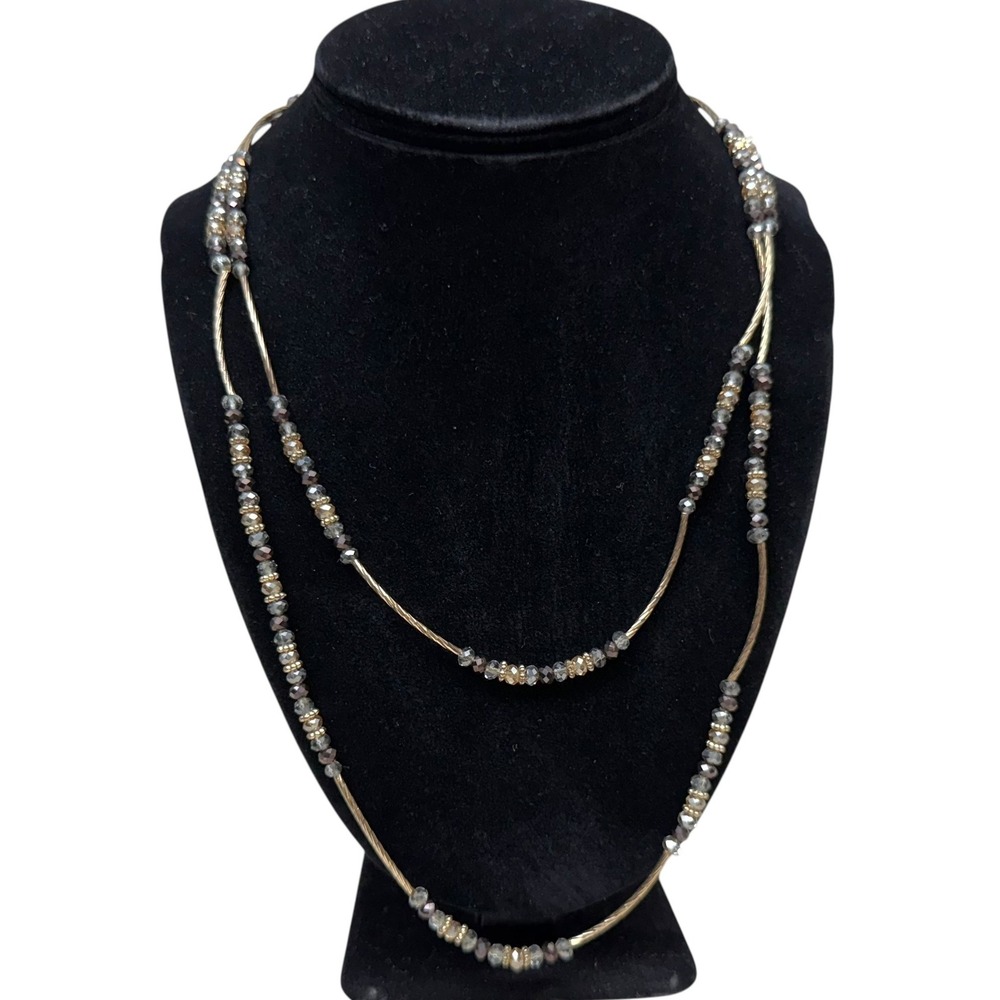 Long Glass Faceted Beaded Necklace Gold Tone Stretch Gray Black Topaz 21 in L